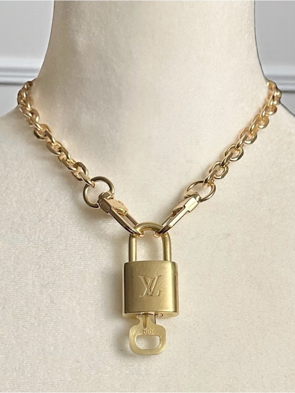 Authentic Louis Vuitton #317 Lock & Key Set on a 18K Gold Plated Chain Necklace